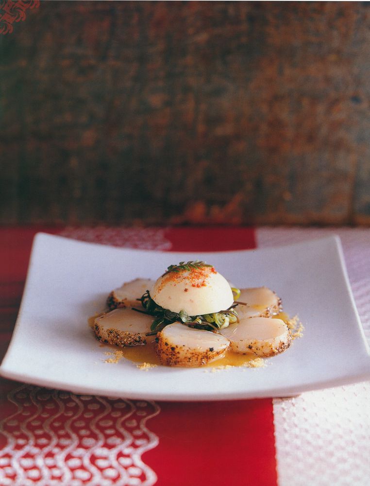 Scallop Tataki, Steamed Scallop Roe Custard and Seaweed from Fire A