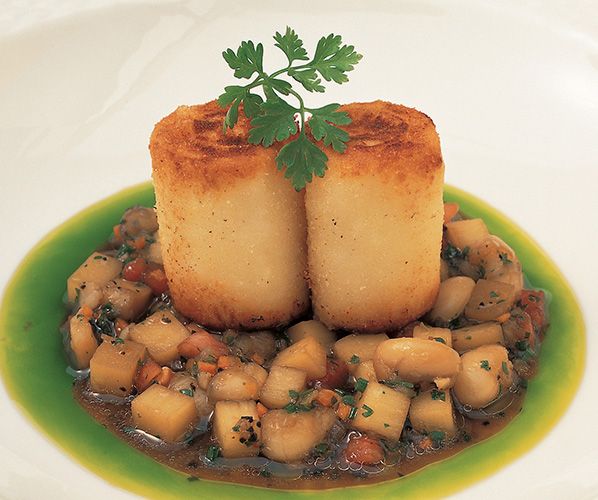 Hearts of Palm with Purée of Marrow Beans and Field Greens from The