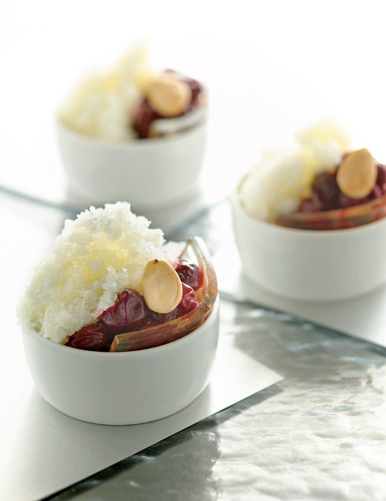 Almond Milk Granités with Manzanilla Sherry Gelée, Bing Cherry Compote