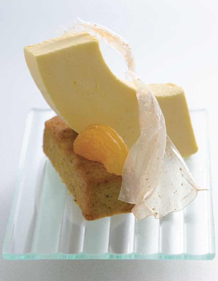 Frozen Apricot Mousse with Praline Croquant and Pistachio Financier