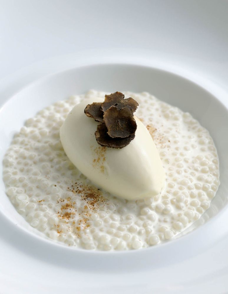 White Truffle Ice Cream with Truffled Tapioca and Shaved Black Truffles