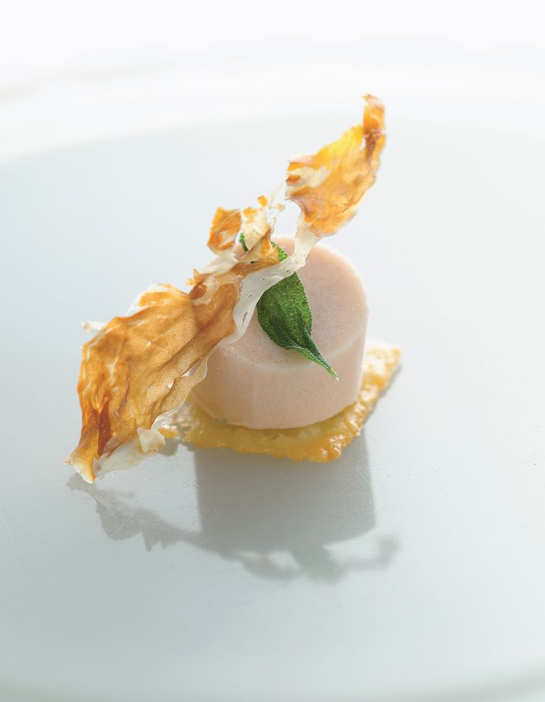 Quince Sorbet with Manchego Crisps and Serrano Ham Jerky from Frozen