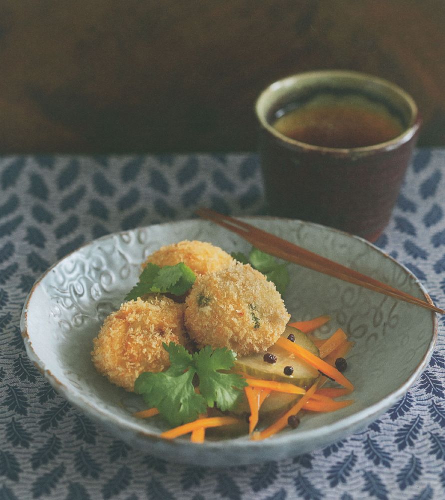Crab, ginger & tofu fritters with Sichuan pickled vegetables from