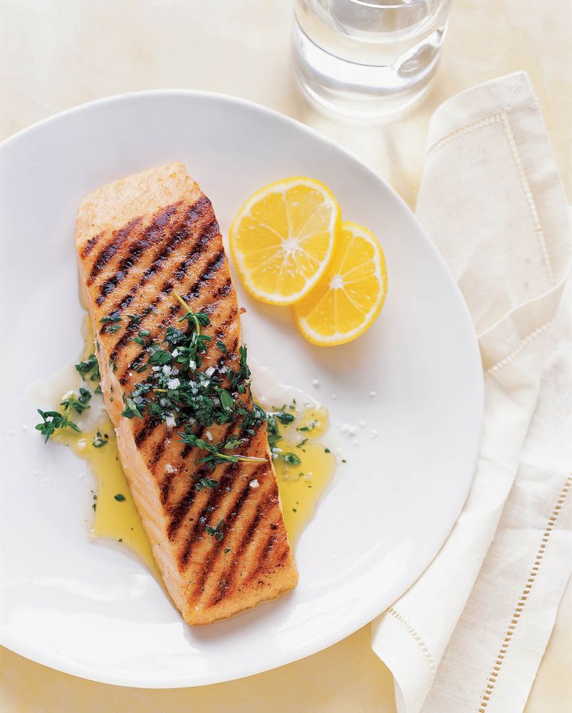 Grilled Salmon with Thyme and Parsley Sauce from How to Cook Italian by Giuliano Hazan