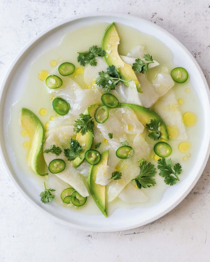 Halibut Crudo with fennel, green apple, and avocado from The Hog Island Book of Fish & Seafood: Culi