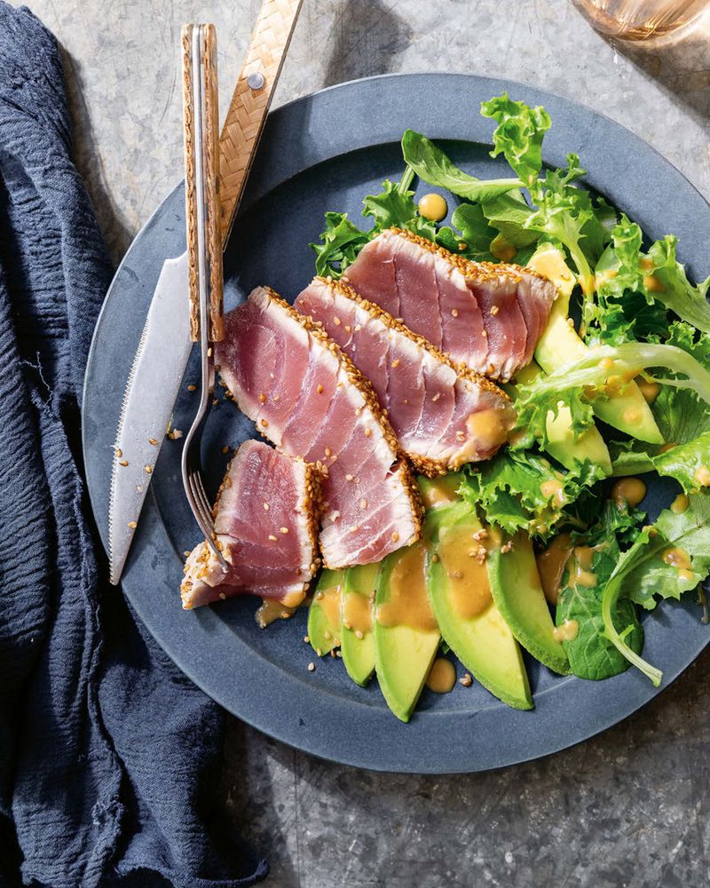 Sesame-Crusted Seared Tuna with avocado salad and sesame-miso vinaigrette from The Hog Island Book of Fish &amp; Seafood: Culinary Treasures from Our Waters by John Ash