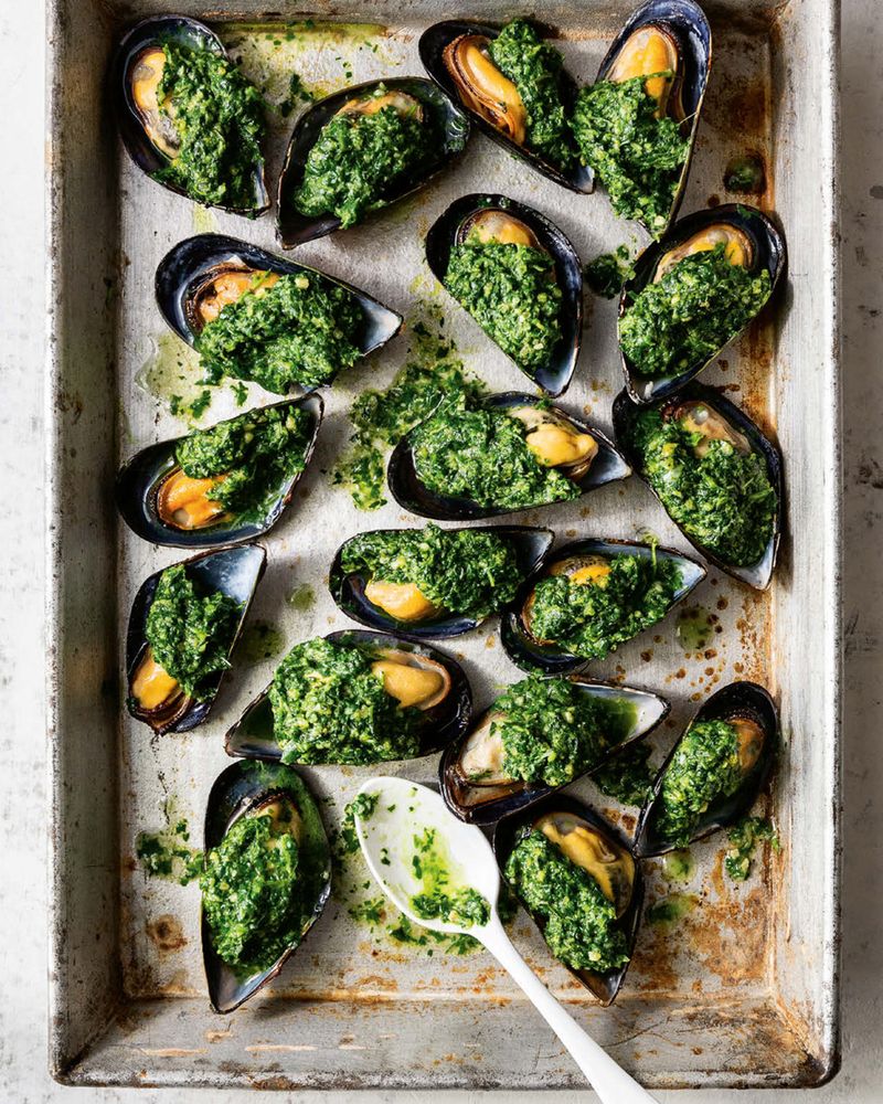 Baked Mussels with herb, ginger, and peanut pesto from The Hog Island Book of Fish & Seafood: Culina