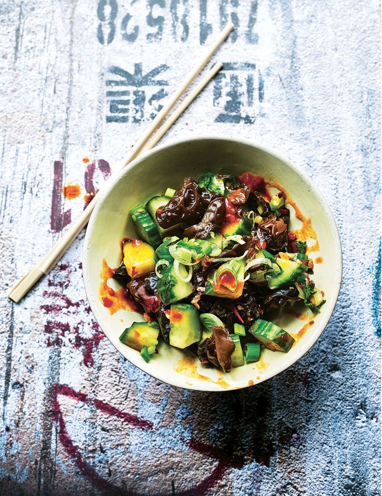 Cucumber & Wood Ear Fungus Salad with Toban Jiang & Crushed Soy Beans from Hong Kong Diner