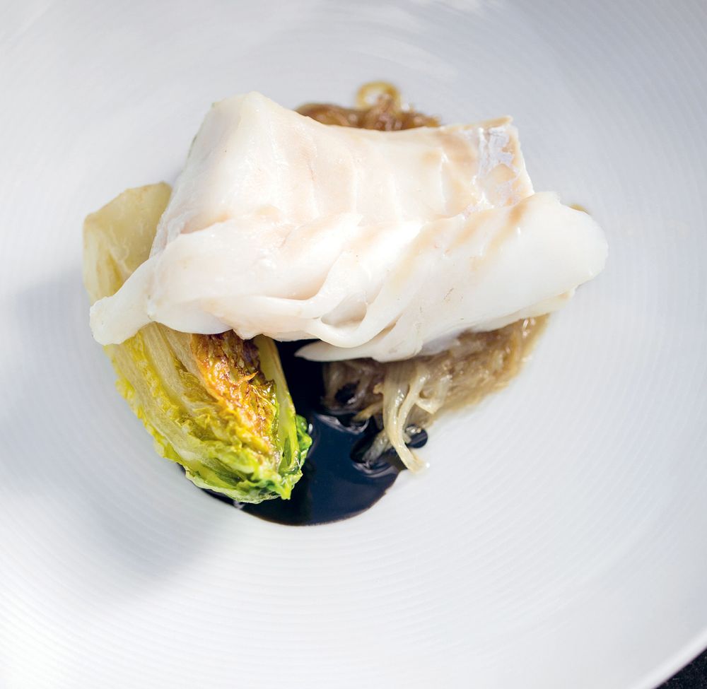 Cod With Black Miso Sauce Sauteed Lettuce And Shallot Puree From Hook Line Sinker A Seafood