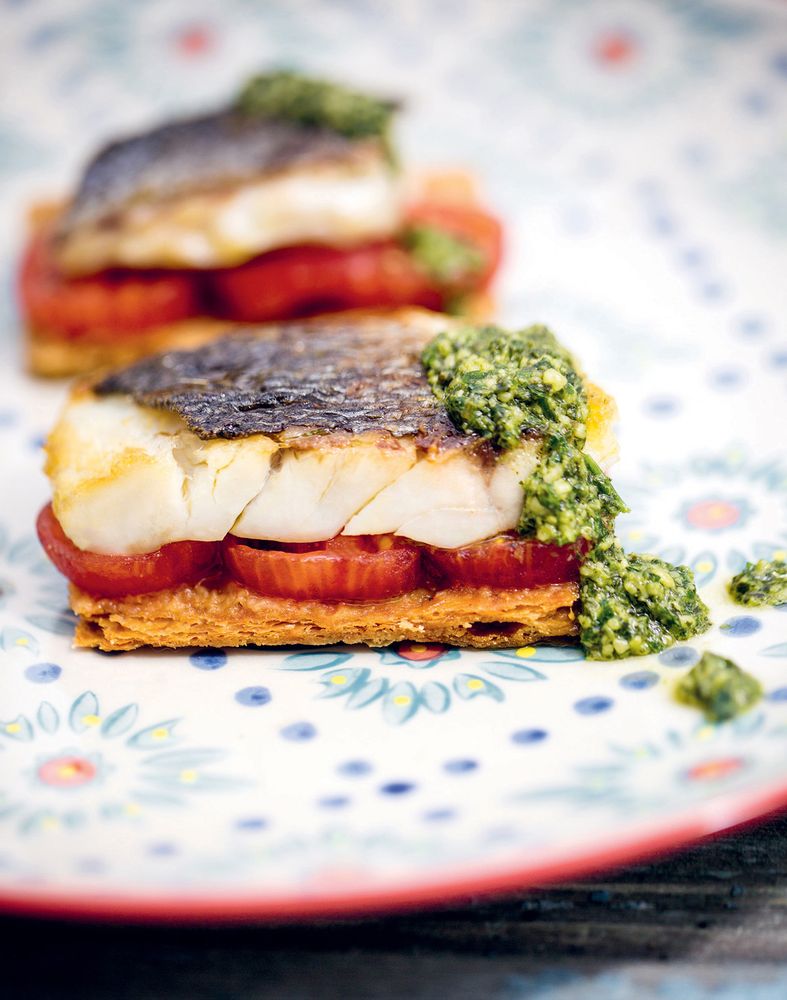 Sea Bass Tomato Feuilletine And Nasturtium Pesto From Hook Line Sinker A Seafood Cookbook By