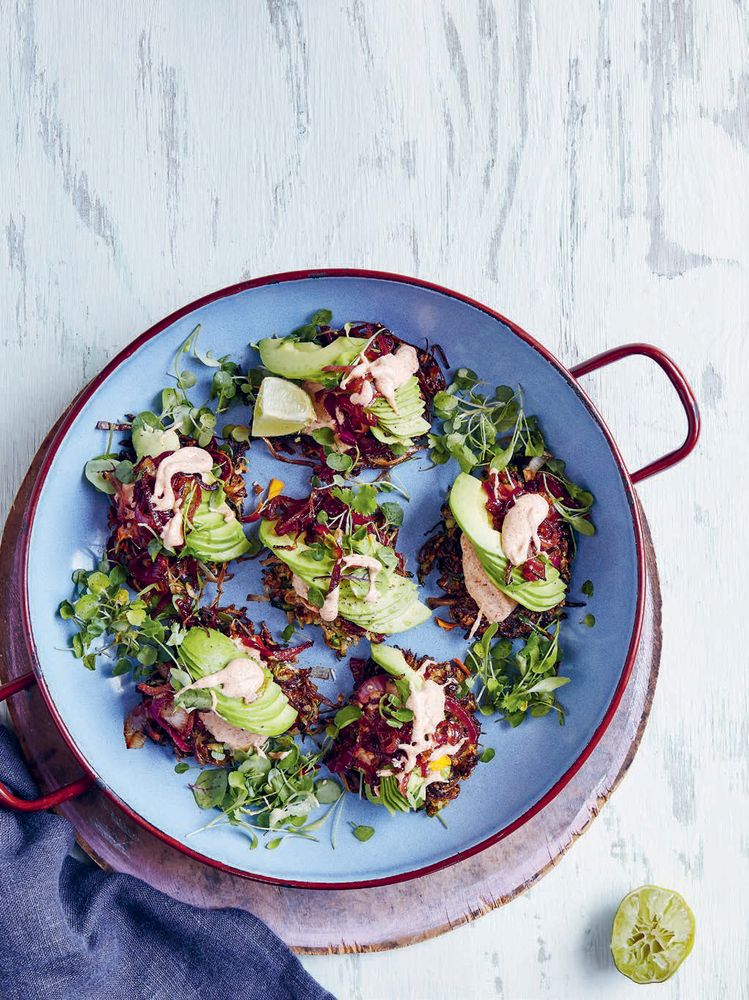 Courgette &amp; Pepper Rostis with Chipotle Mayo, Avocado &amp; Caramelised Onions from Happy Vegan Food: Fast, Fresh, Simple Vegan by Bettina Campolucci Bordi