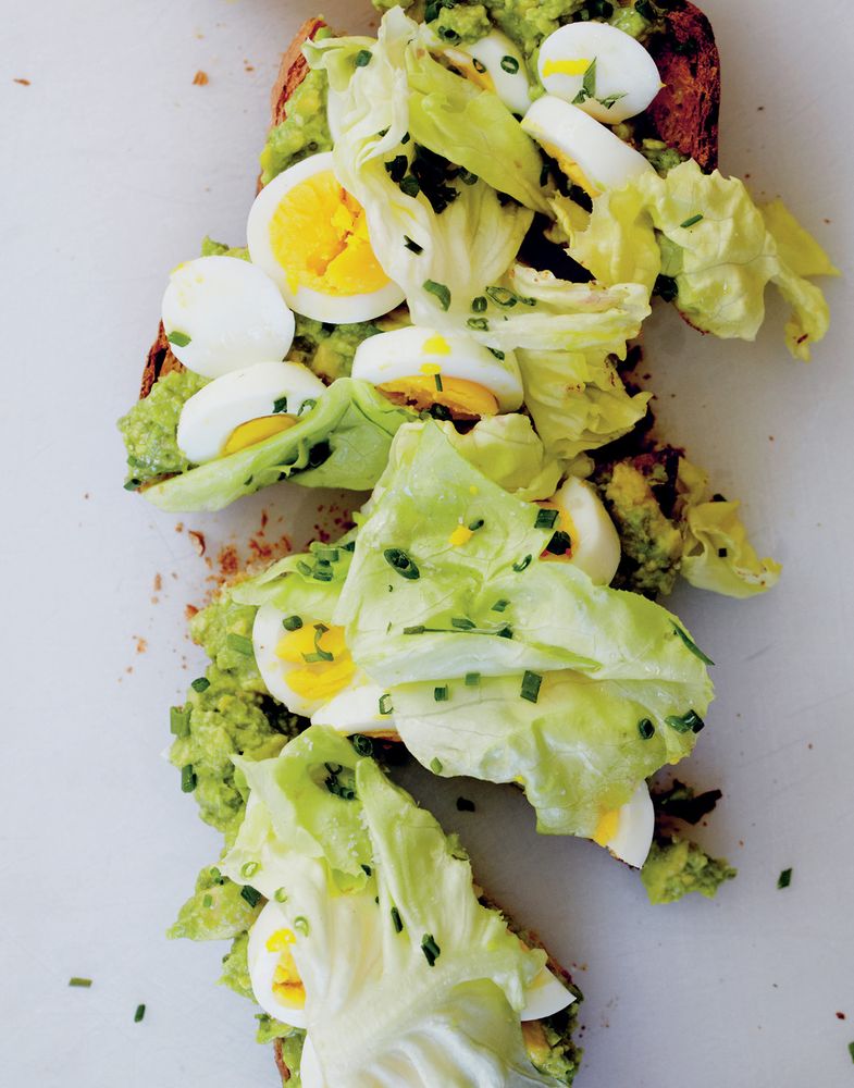 Smashed Avocado Toast with HardBoiled Eggs and Anchovy Dressing from Huckleberry Stories