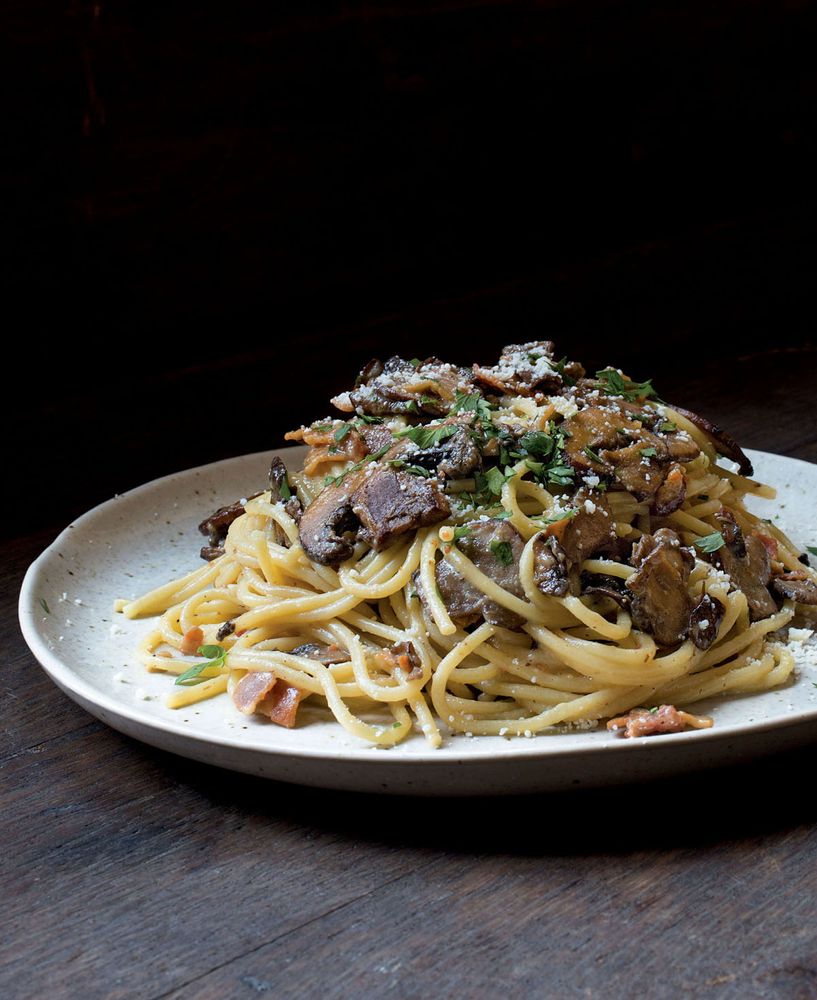 Spaghetti Carbonara with Porcini Mushrooms from Italian Comfort Food by The Editors of Saveur