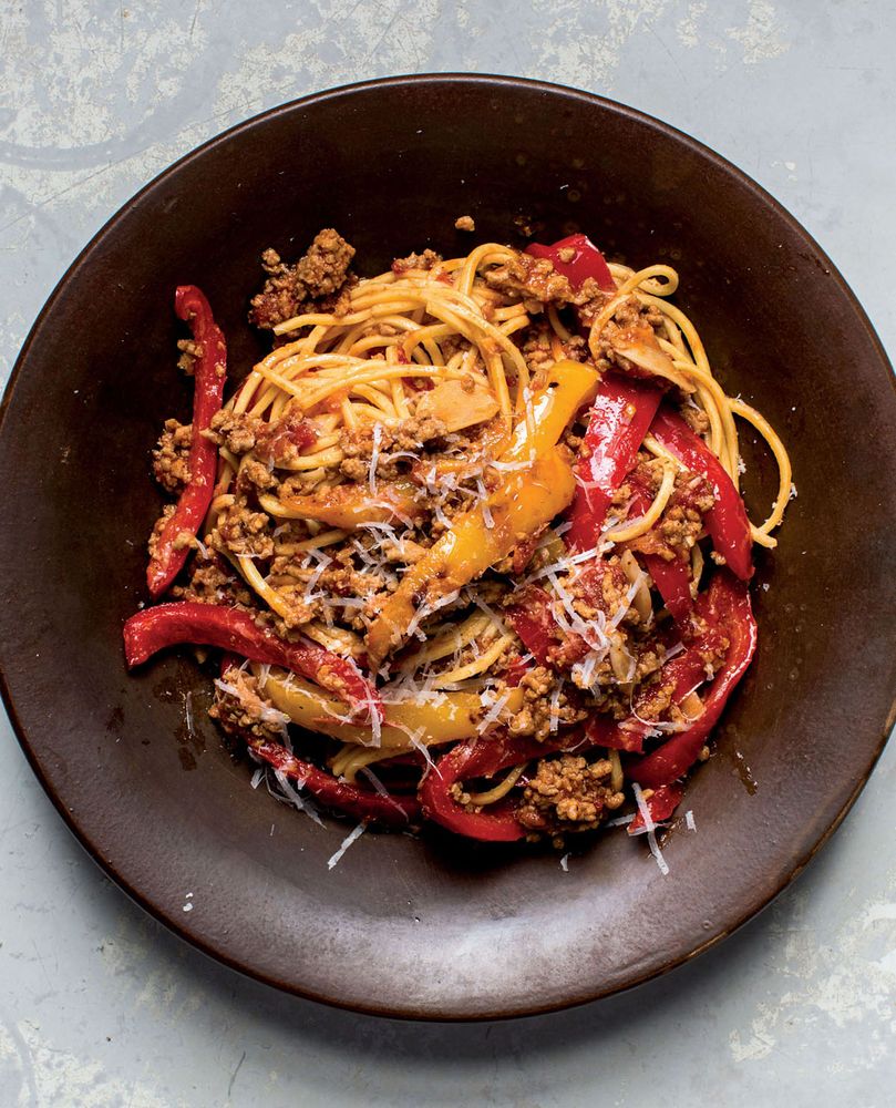 Spaghetti Alla Chitarra with Lamb & Sweet Peppers from Italian Comfort Food by The Editors of Saveur