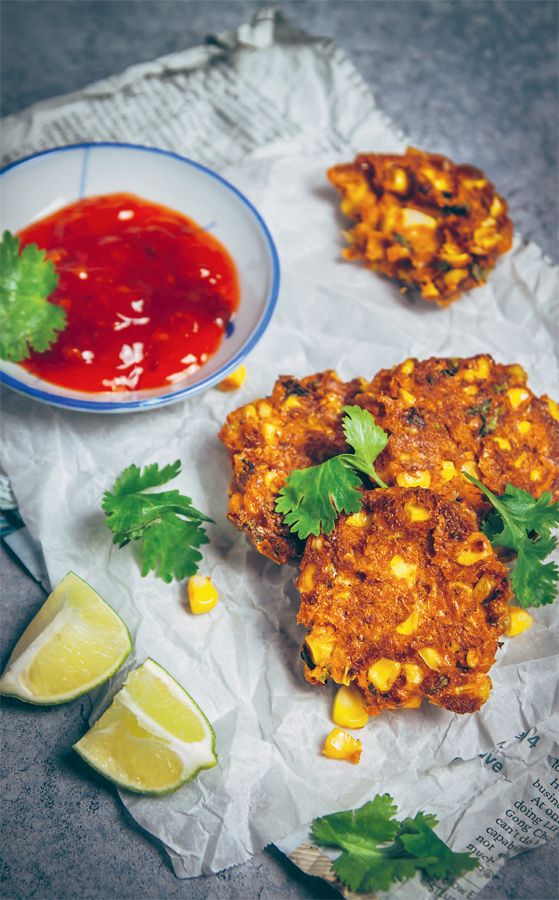 Sweetcorn fritters from Jackfruit and Blue Ginger by Sasha Gill
