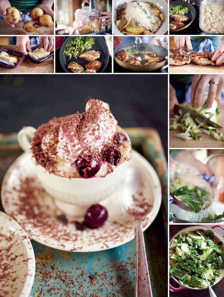 TrayBaked Chicken Squashed Potatoes Creamed Spinach Strawberry Slushie