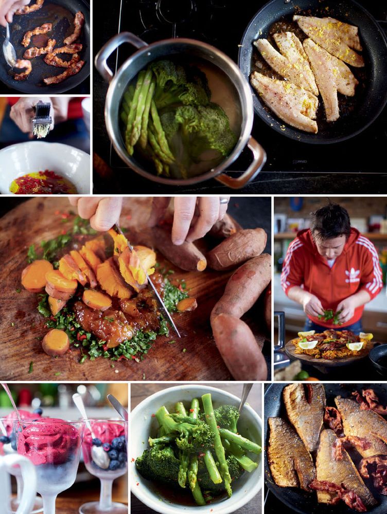 AsianStyle Salmon Noodle Broth Beansprout Salad Lychee Dessert from