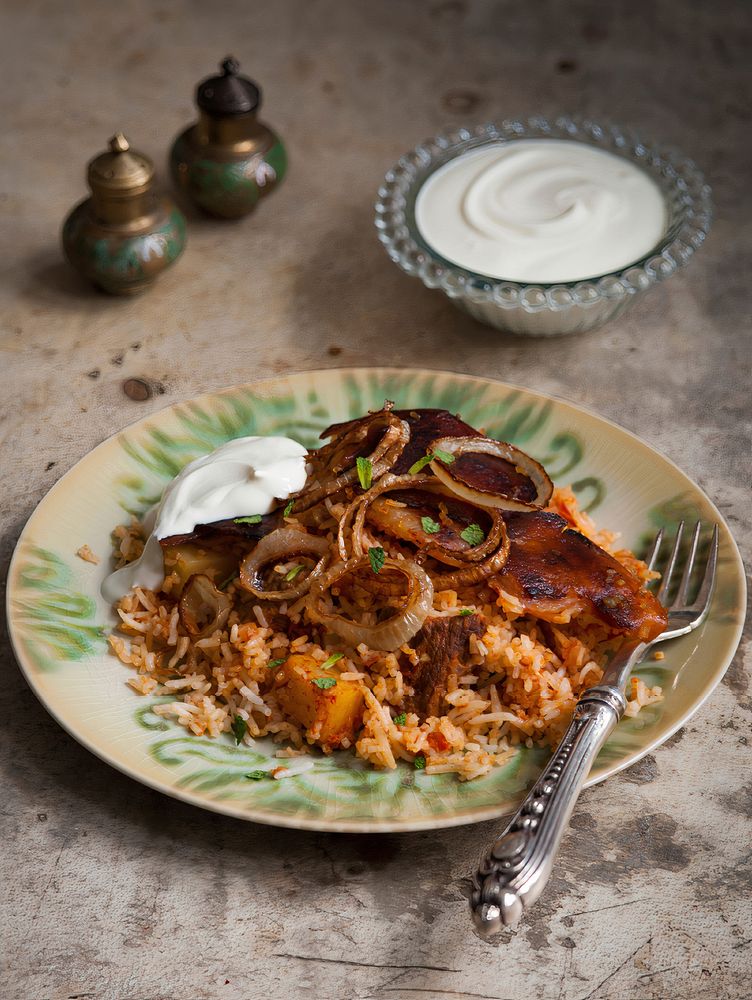 Lamb Rice with Crispy Potato Base from The Jewelled Kitchen by Bethany Kehdy