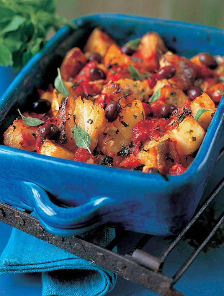 Baked Salt Cod With Potatoes, Tomatoes and Basil from The Complete