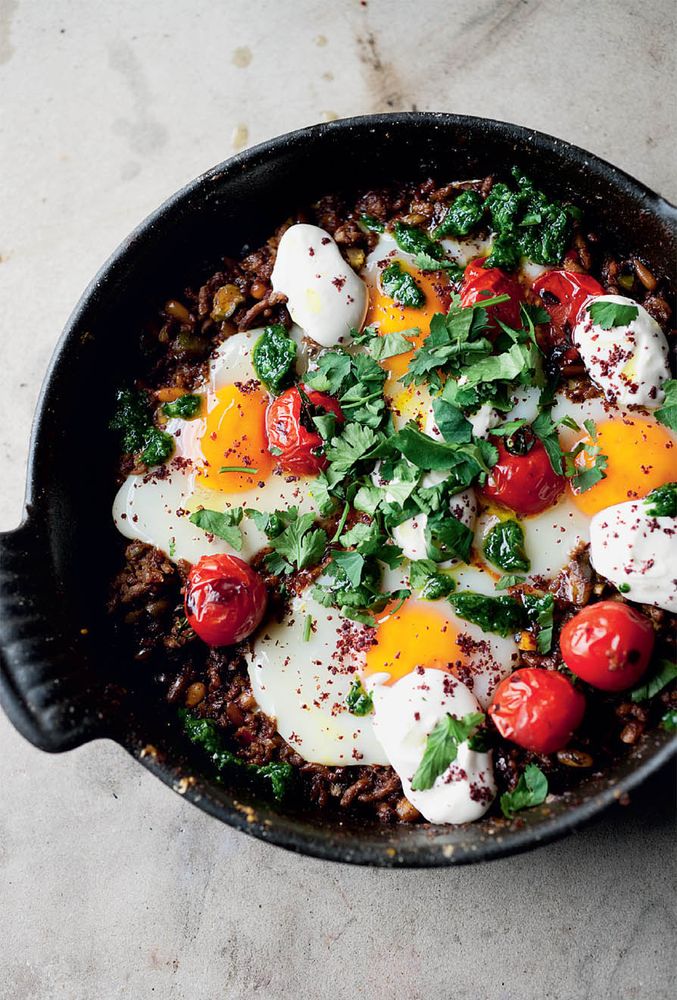 Braised eggs with lamb, tahini & sumac from Jerusalem by Yotam