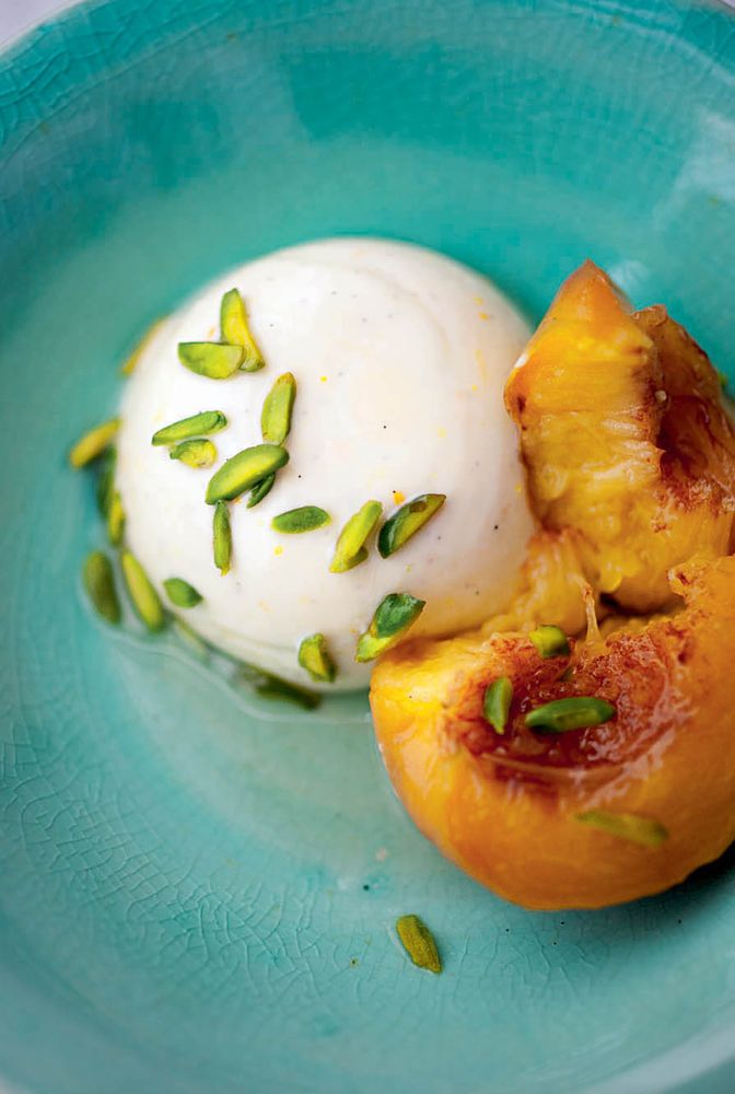 Set yoghurt pudding with poached peaches from Jerusalem by Yotam