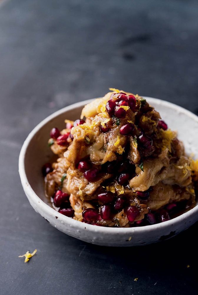 Burnt aubergine with garlic, lemon & pomegranate seeds from Jerusalem by Yotam Ottolenghi and