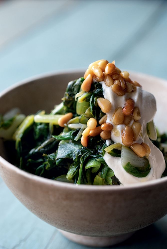Swiss chard with tahini, yoghurt & buttered pine nuts from Jerusalem by