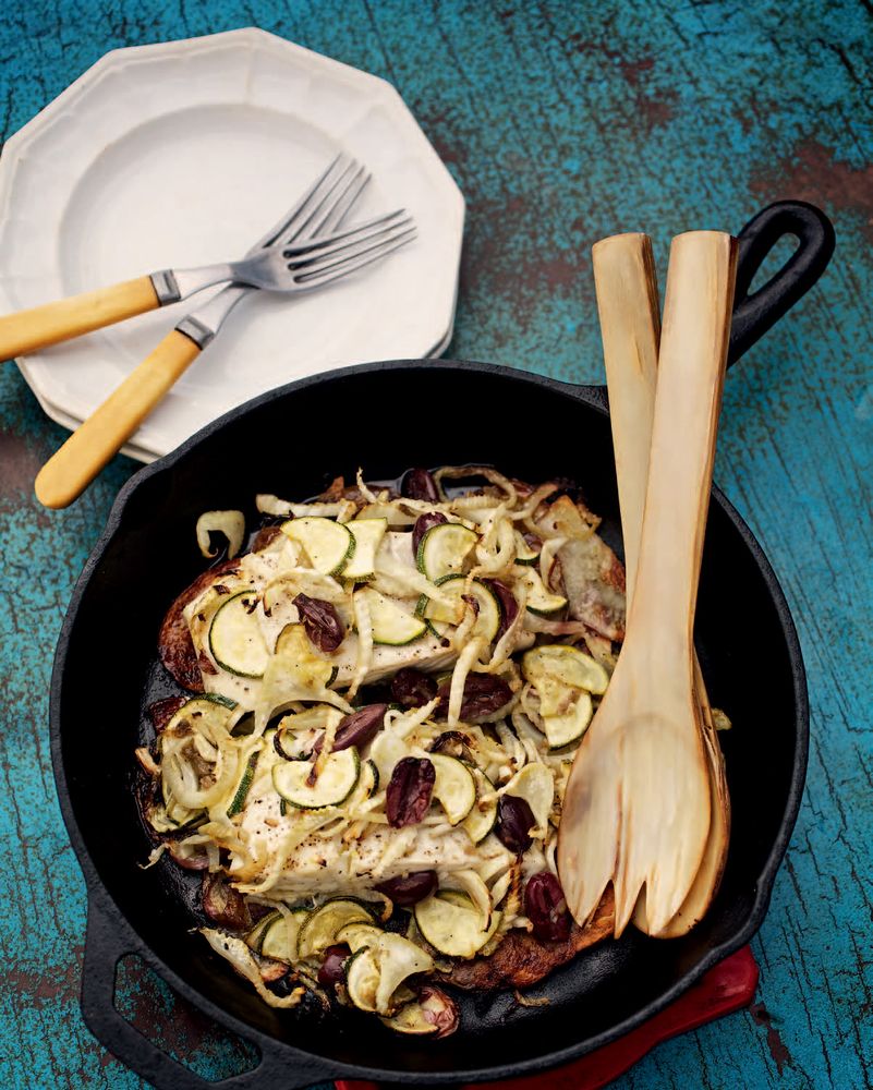 Baked Halibut with Warm Fennel-Zucchini Chopped Salad from One Pan