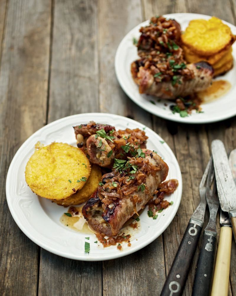 Veal Rolls with Currants, Pine Nuts, and Parmesan Polenta Stacks from One Pan, Two Plates: More Than 70 Complete Weeknight Meals for Two by Carla Snyder