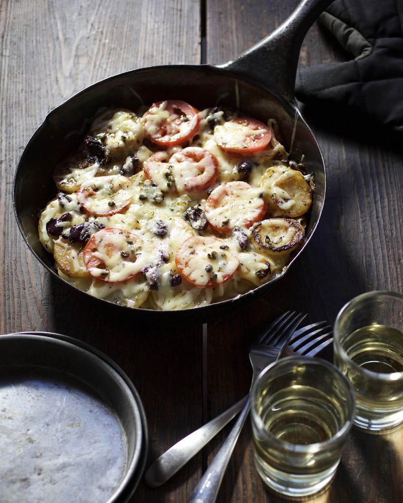 potato-gratin-with-tomato-olive-and-capers-from-one-pan-two-plates