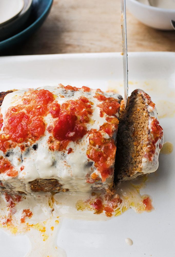 Lamb bake with tahini sauce and tomatoes from Ottolenghi Simple by