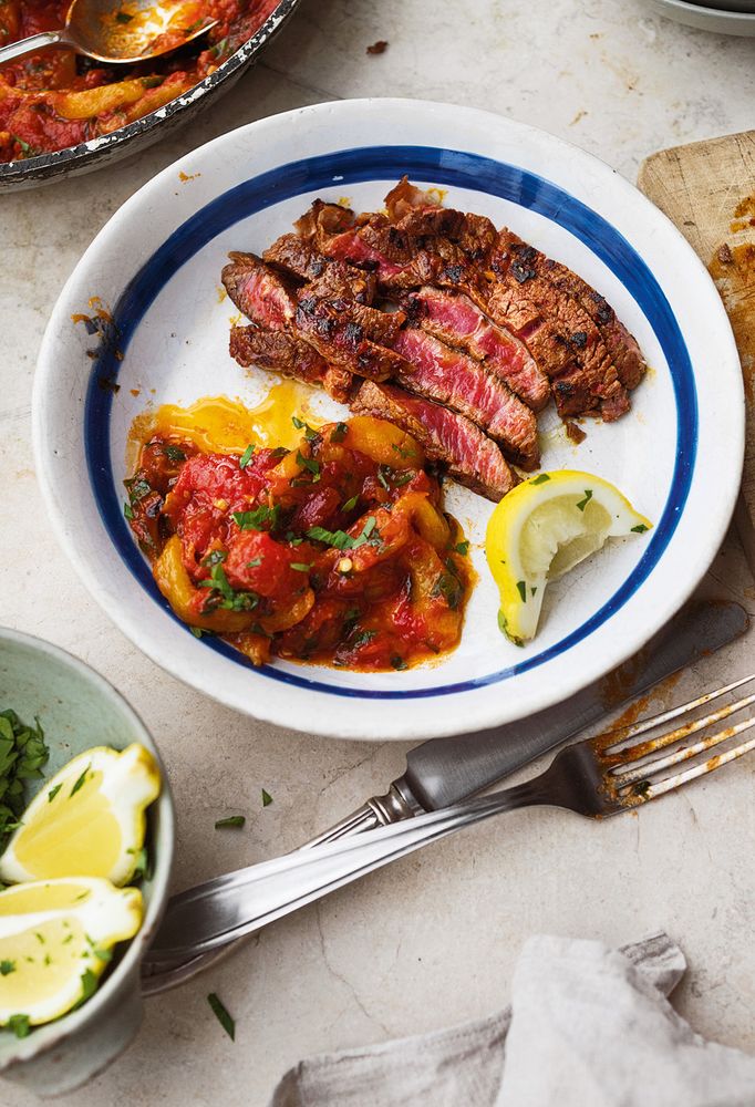 Harissa beef sirloin with pepper and lemon sauce from Ottolenghi Simple