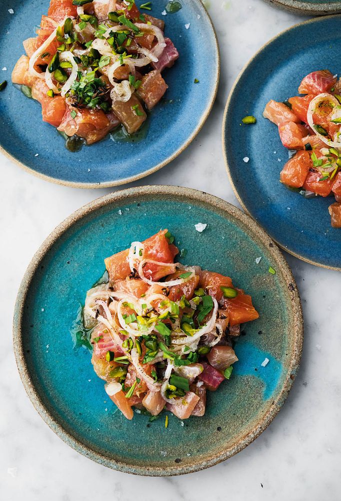 Trout tartare with burnt butter and pistachios from Ottolenghi Simple