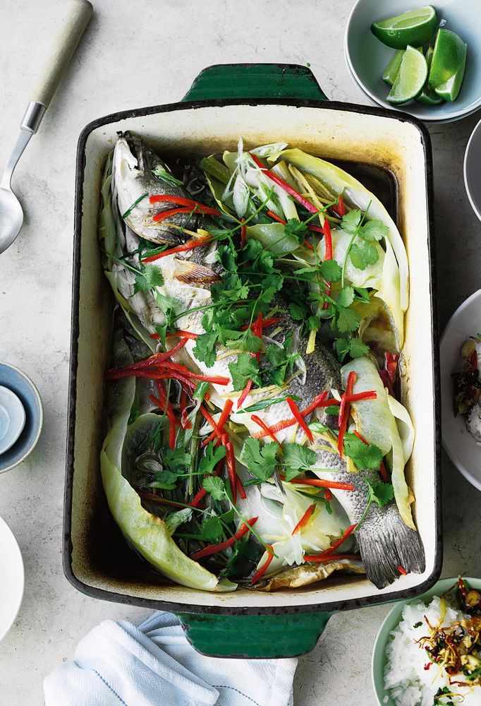 Whole roasted sea bass with soy and ginger from Ottolenghi Simple by