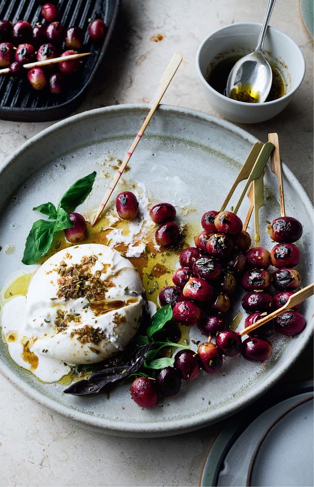 Burrata with chargrilled grapes and basil from Ottolenghi Simple by