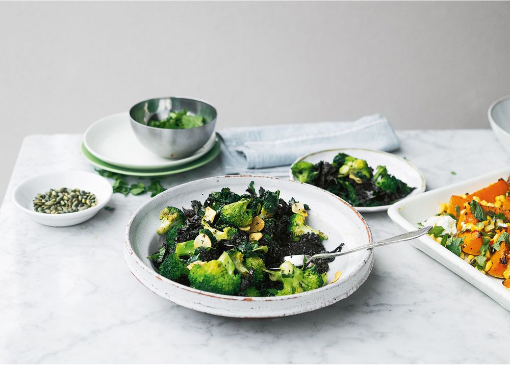 Fried broccoli and kale with garlic, cumin and lime from Ottolenghi