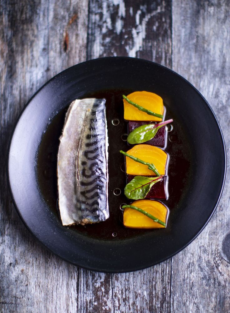 Mackerel, Beetroot, Dashi and Bacon Broth, Dill Oil from For The Love