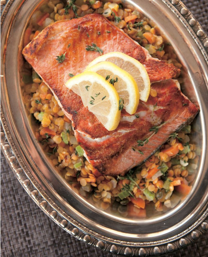 Seared Salmon with Caper Lentils from Love Your Leftovers by Nick Evans