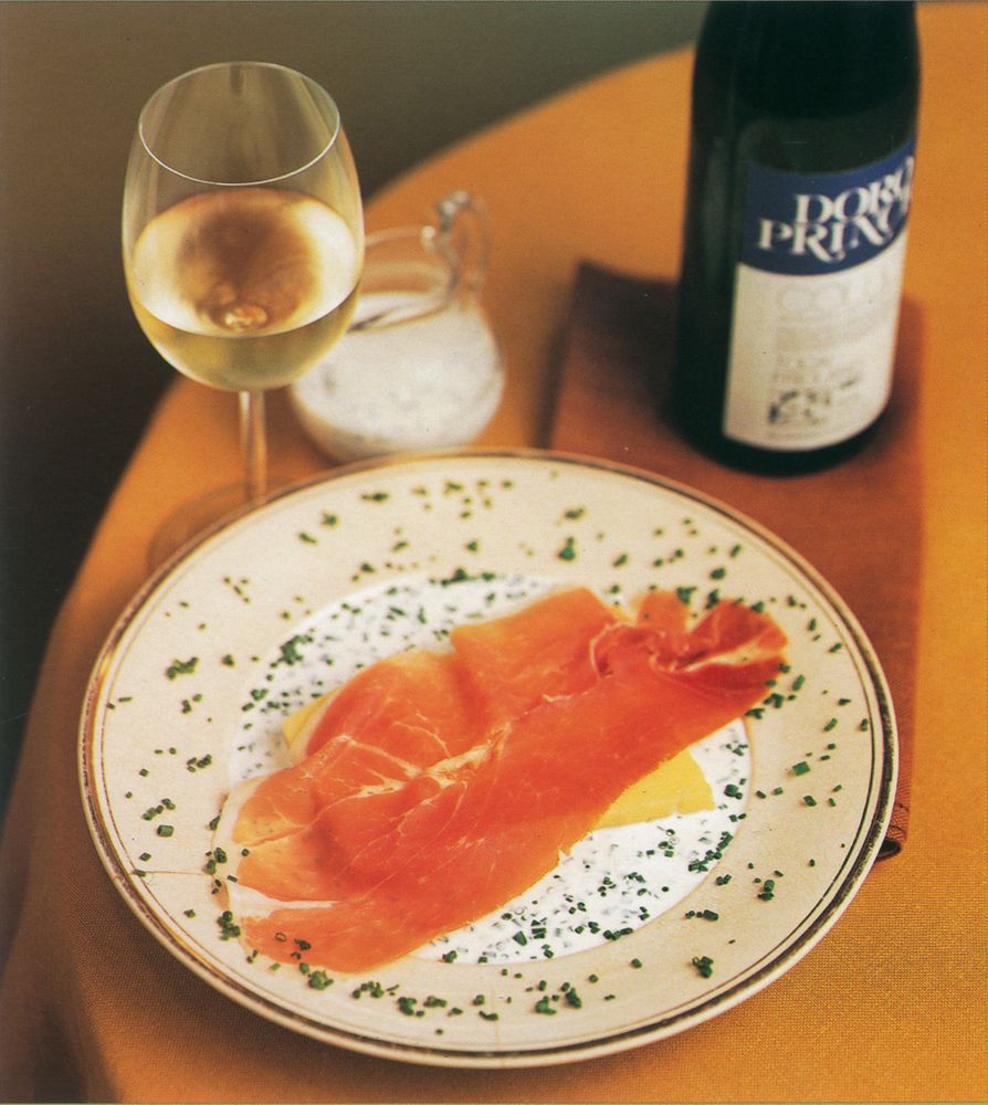 Polenta Wedge, with Prosciutto and Ricotta-Chive Sauce from La Terra Fortunata by Fred Plotkin