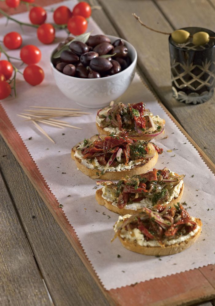 Crostini with Anchovy, Semi-Dried Tomato & Mascarpone from Limoncello and Linen Water by Tessa Kiros