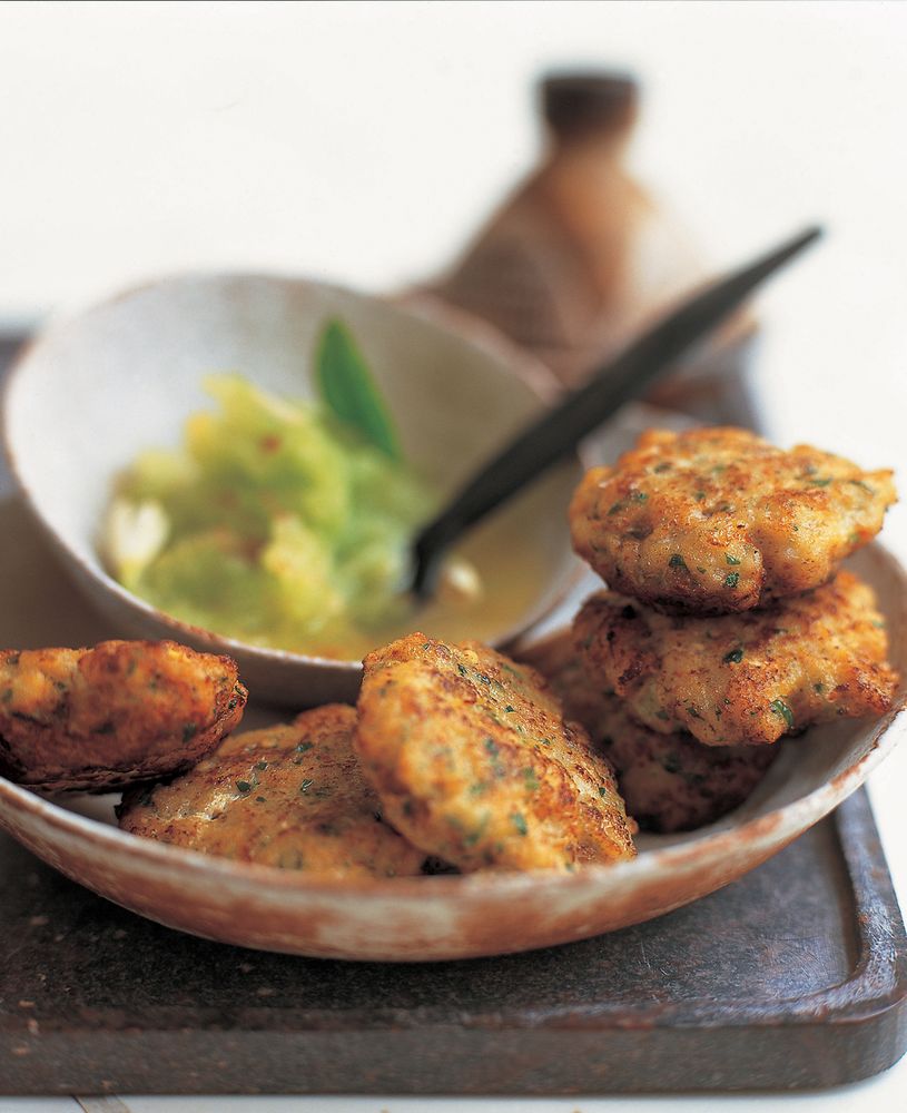 Mini Saffron Fish Cakes with Chilled Sweet Cucumber and Cinnamon Salad from Modern Moroccan by Ghillie Basan