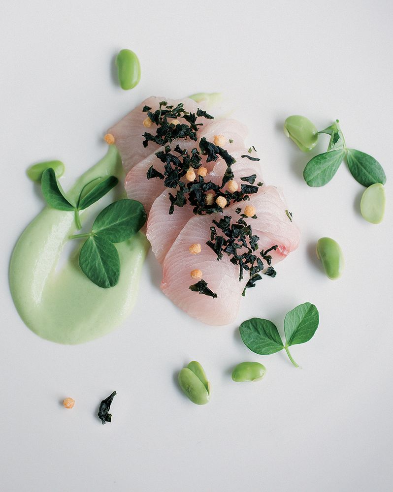 Cured Hamachi HorseradishEdamame Purée & Furikake from Momofuku by