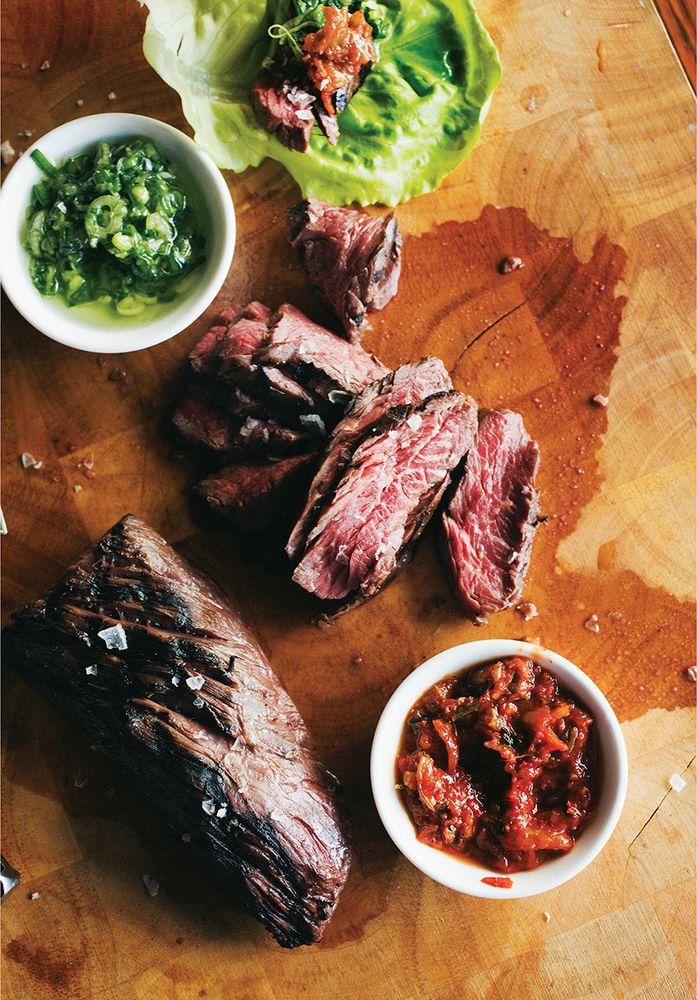 Marinated Skirt Steak Ssäm Red Kimchi Purée & Ginger Spring Onion Sauce