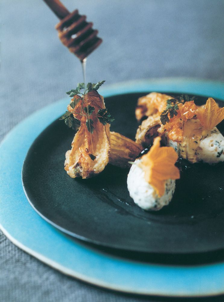 Whipped Goat’s Cheese, DeepFried Courgette Flowers and Truffle Honey