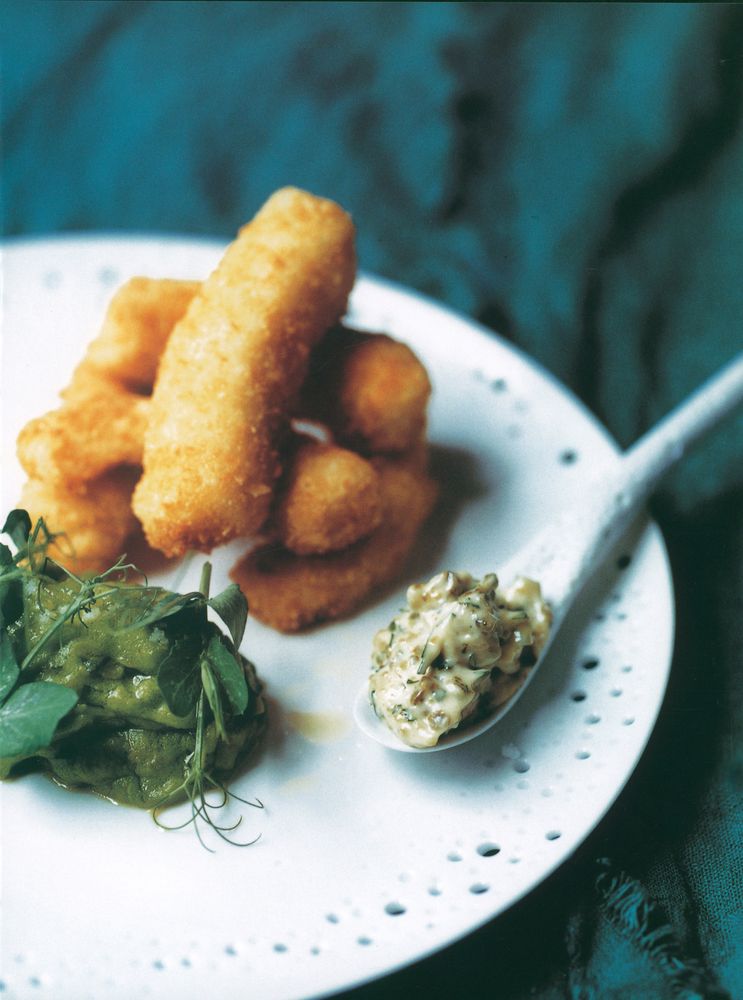 Pea and Mint Mushy Peas with Sole Goujons from Maze The Cookbook by