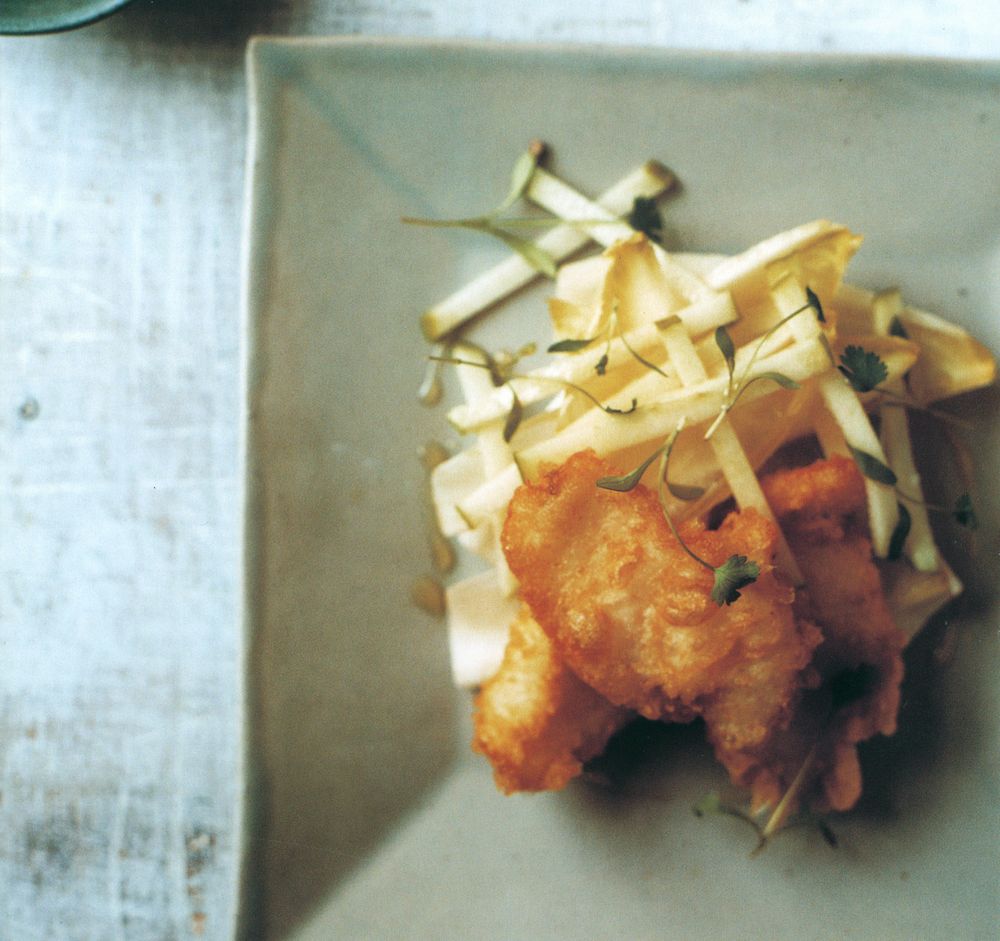Tempura of Monkfish with Apple and Chicory Salad and Chilli Mango