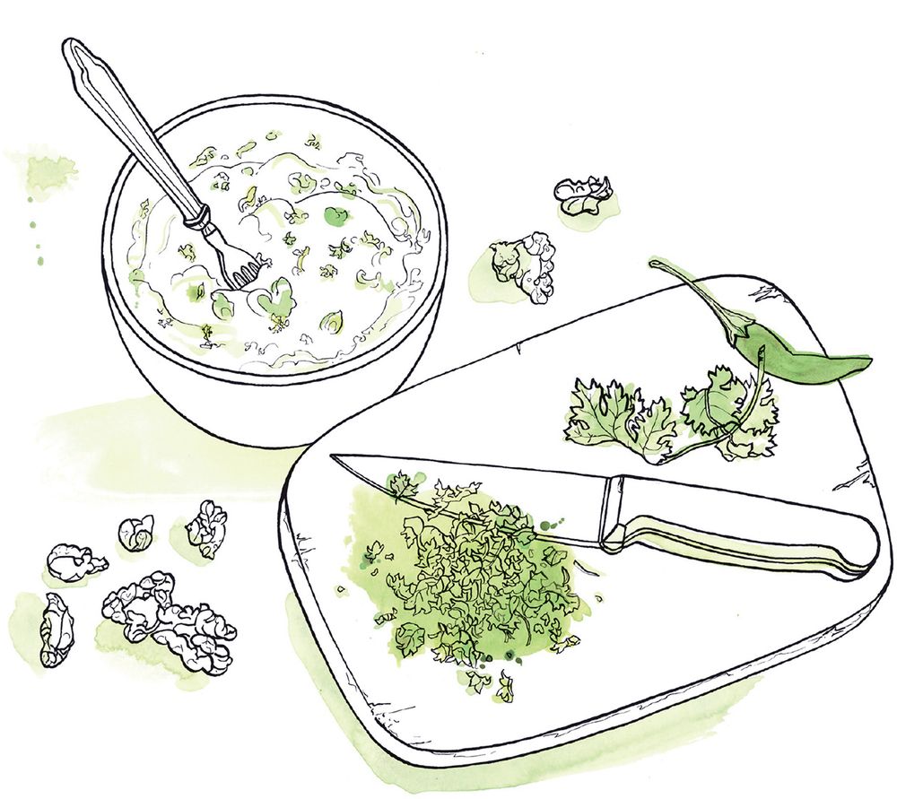 Yogurt with Walnuts & Fresh Green Coriander from Madhur Jaffrey's Indian Cookery by Madhur Jaffrey