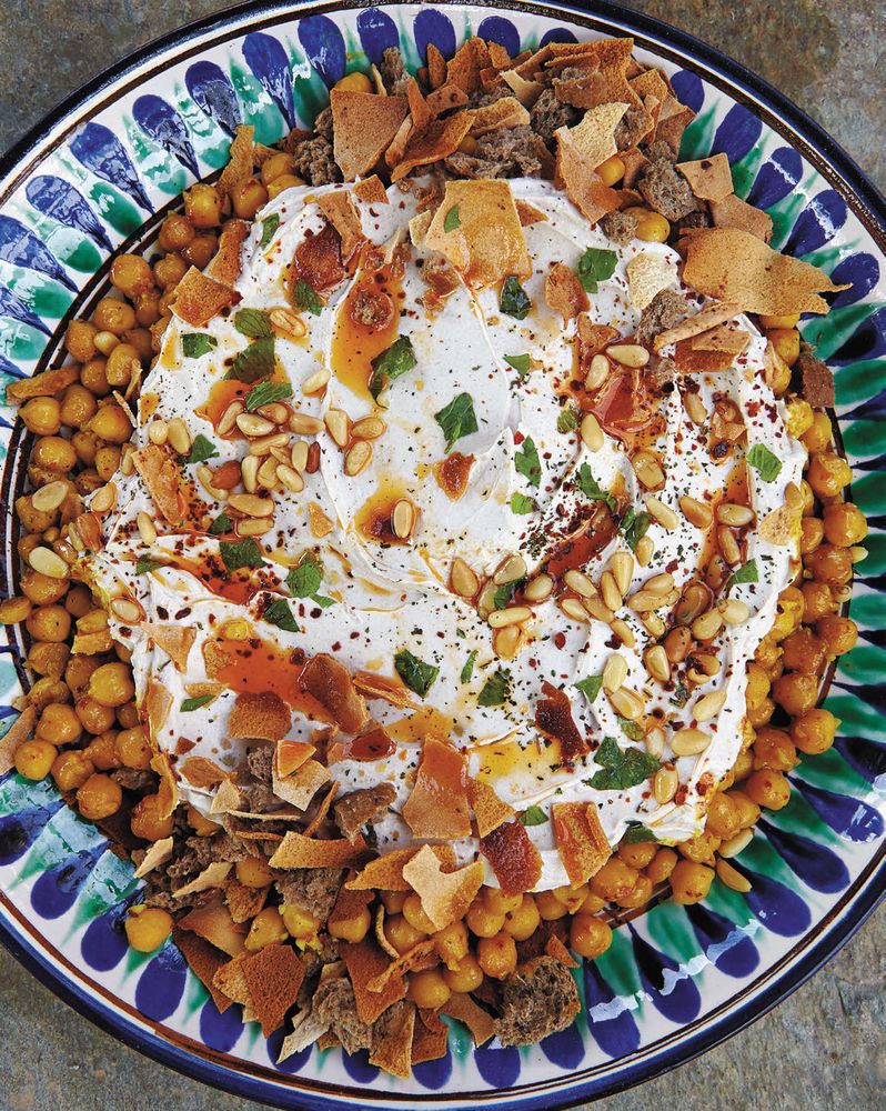 Chickpeas and Toasted Bread with Yogurt-Tahini Sauce from Mediterranean Vegetarian Feasts by Aglaia Kremezi