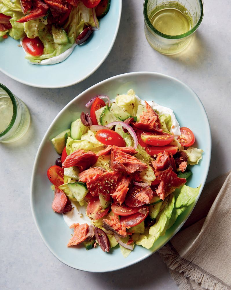 Hot smoked salmon greek salad from mediterranean every day simple