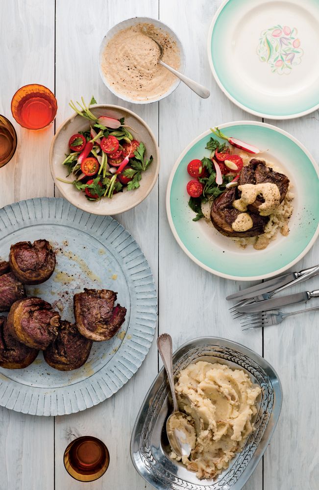 Lamb with Tarator Sauce, Mashed Potatoes & Tomato & Radish Salad from Mighty Spice Express Cookbook 